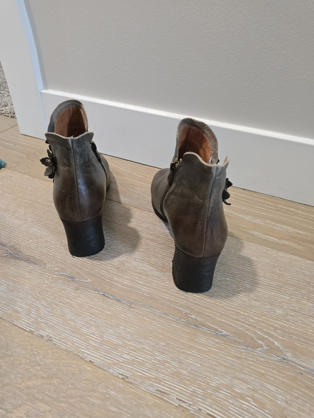 Olive Green & Brown Leather Floral Appliqué Ankle Booties